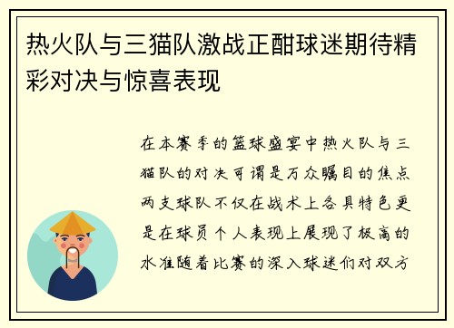 热火队与三猫队激战正酣球迷期待精彩对决与惊喜表现